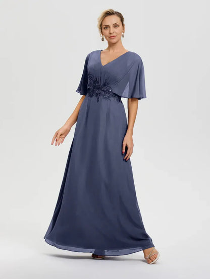 Elegant Dusty Blue Chiffon A-Line V-Neck Floor-Length Mother of the Bride Dress