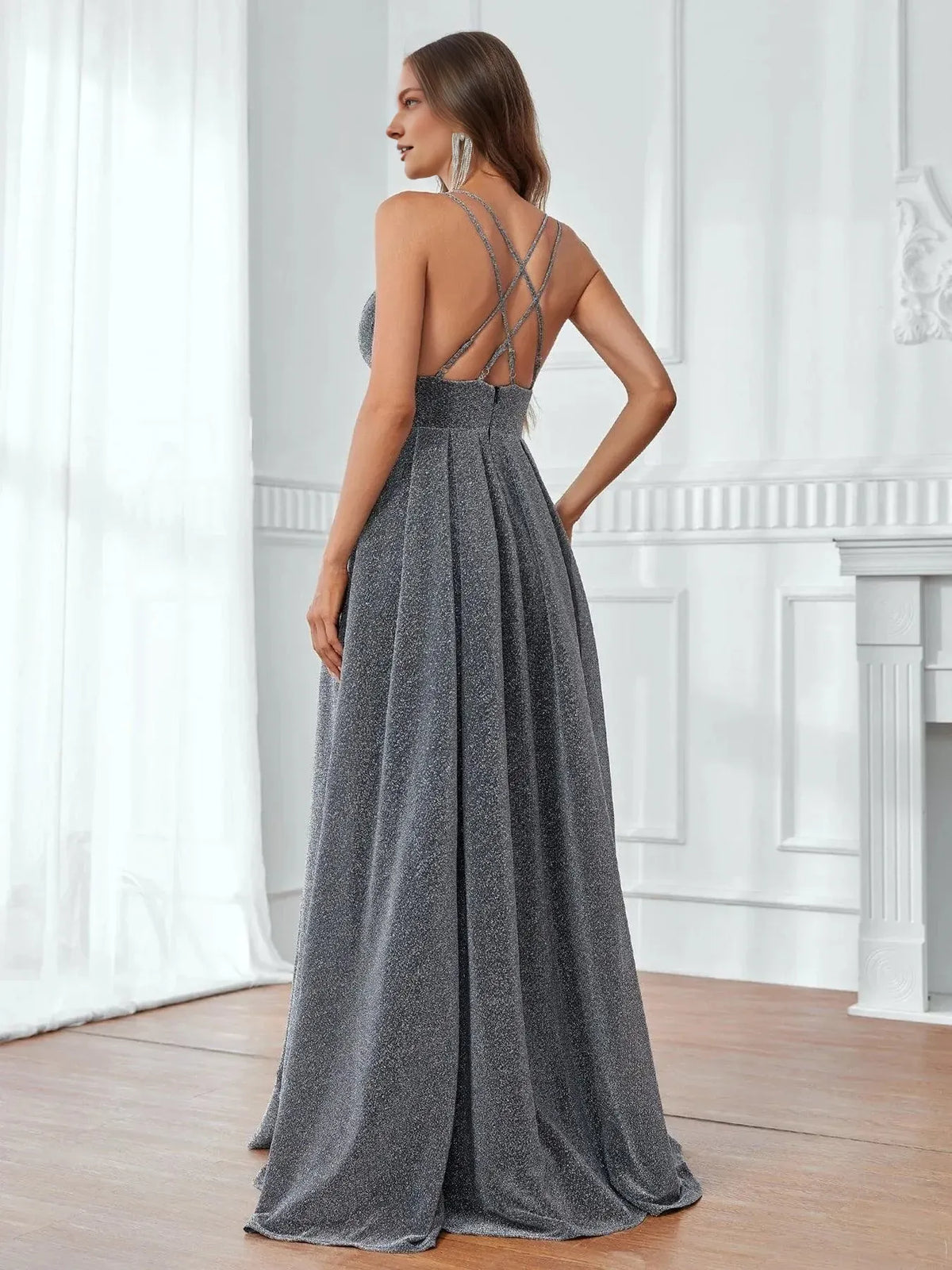 Beautiful Timeless Special Occasion Elegant Silver Glitter A-Line Sleeveless Floor-Length Prom Dress