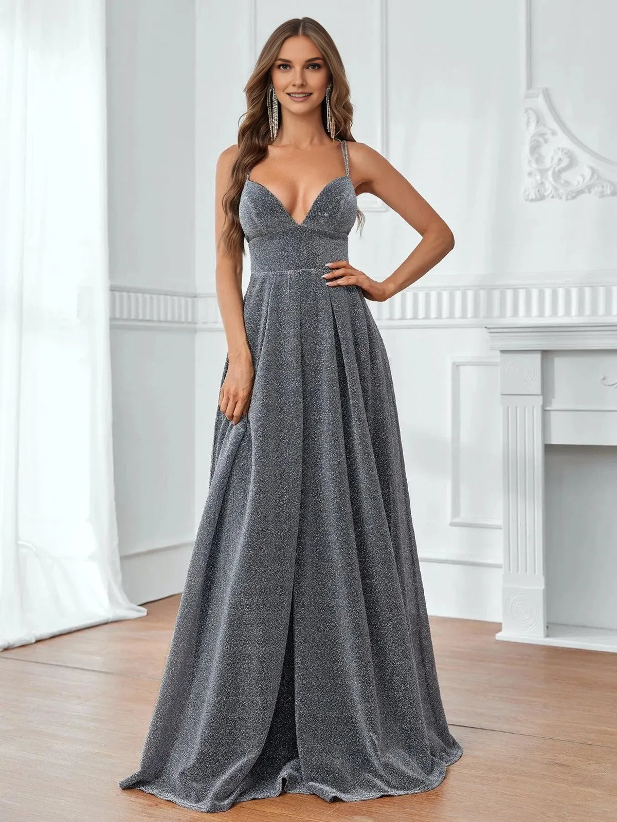 Beautiful Timeless Special Occasion Elegant Silver Glitter A-Line Sleeveless Floor-Length Prom Dress