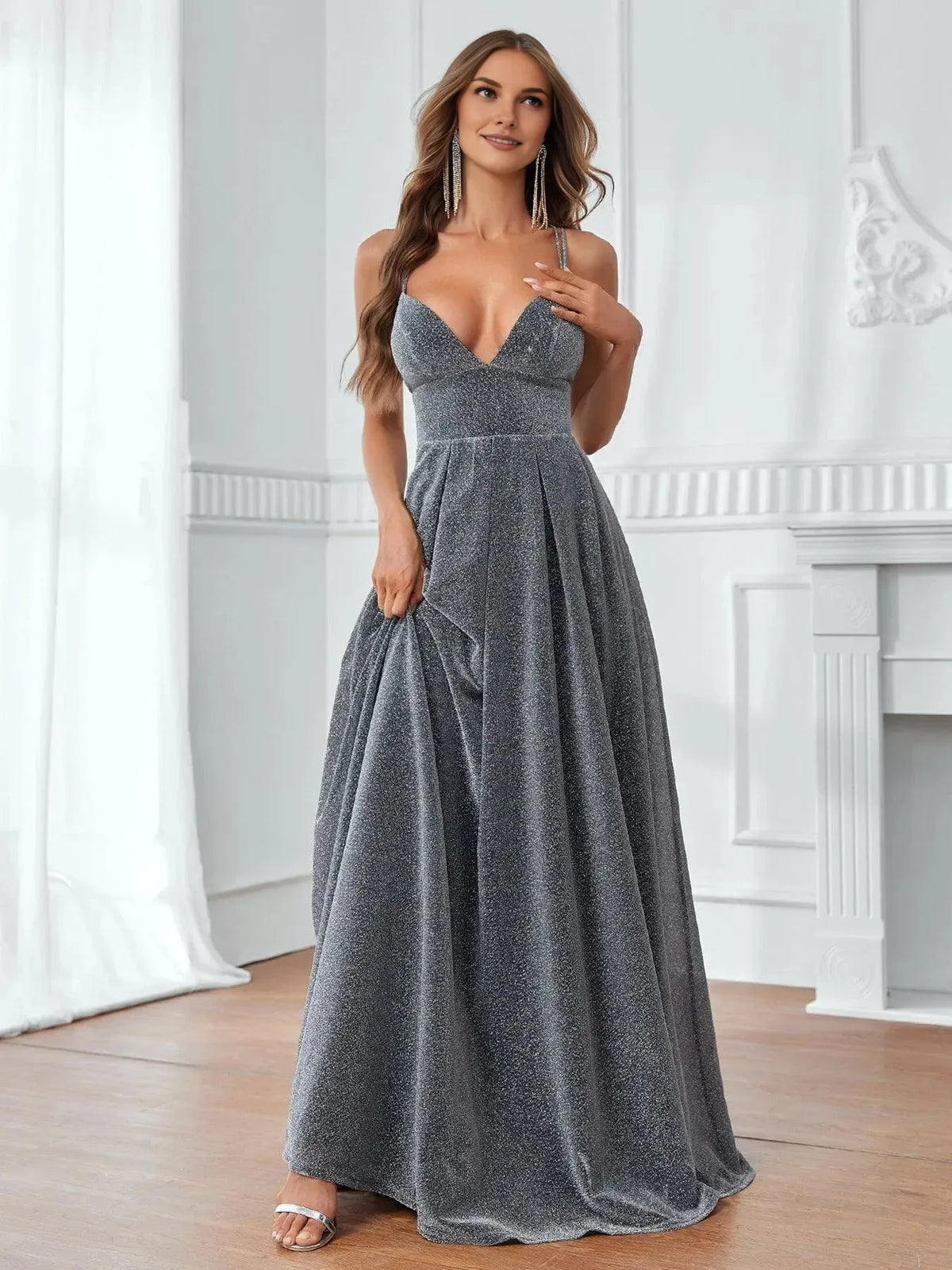 Beautiful Timeless Special Occasion Elegant Silver Glitter A-Line Sleeveless Floor-Length Prom Dress
