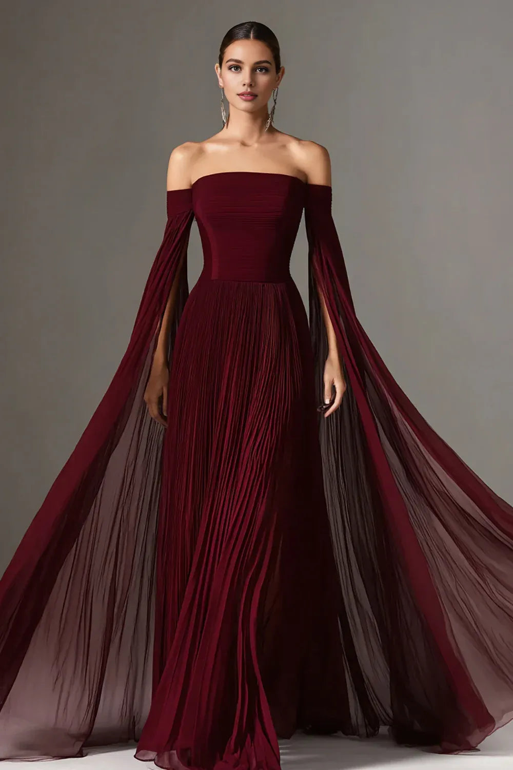 Beautiful Timeless Special Occasion Sophisticated Graceful Elegant Burgundy Chiffon Floor-Length Evening Dress