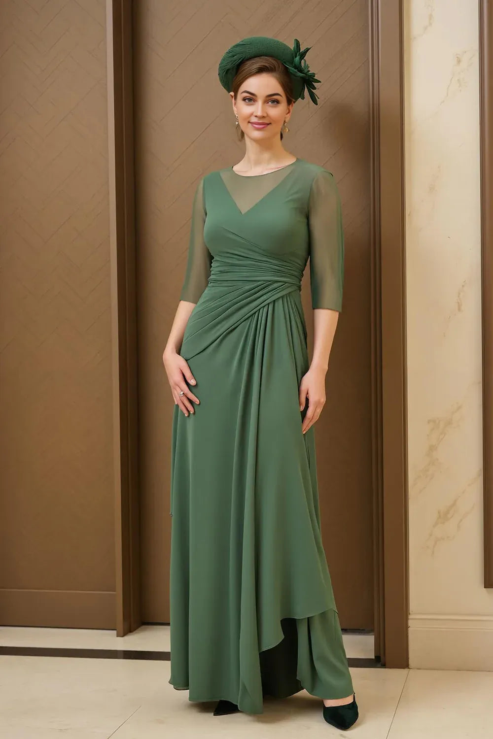 Elegant Sage Green Chiffon Scoop Neck Long Sleeve Floor-Length Mother of the Bride Dress
