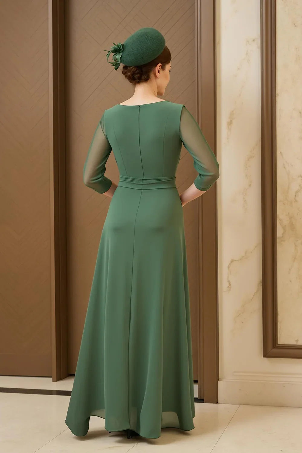 Elegant Sage Green Chiffon Scoop Neck Long Sleeve Floor-Length Mother of the Bride Dress
