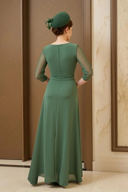 Elegant Sage Green Chiffon Scoop Neck Long Sleeve Floor-Length Mother of the Bride Dress