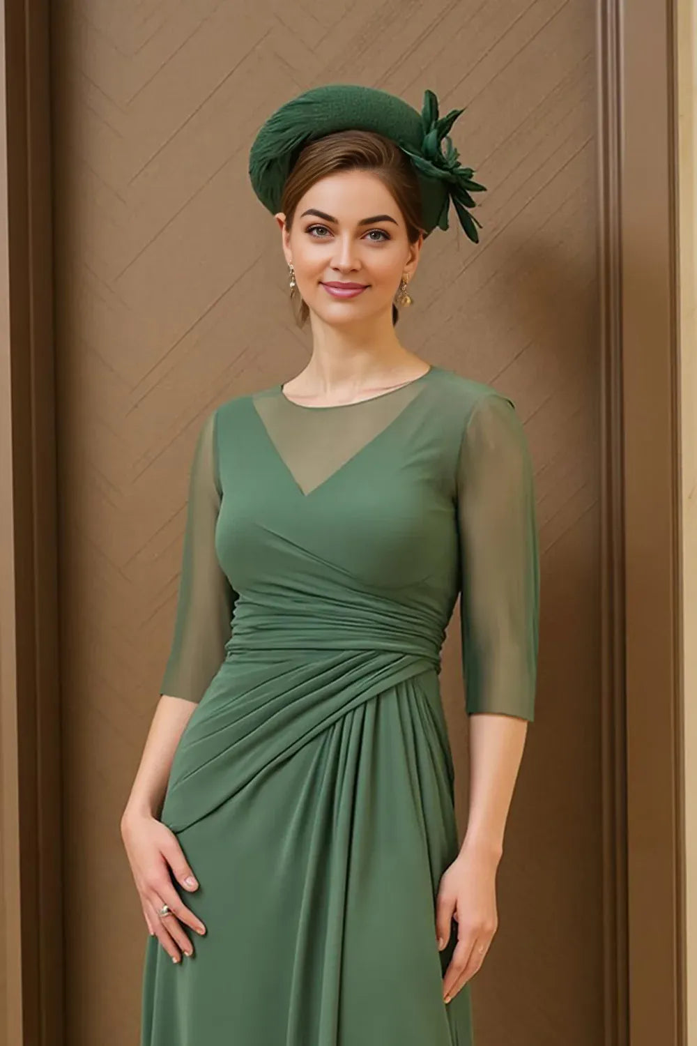 Elegant Sage Green Chiffon Scoop Neck Long Sleeve Floor-Length Mother of the Bride Dress