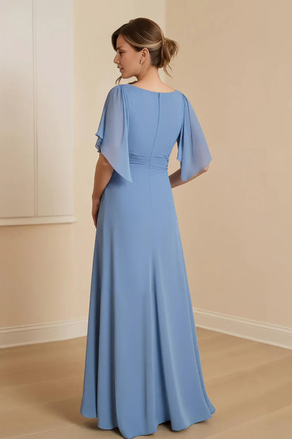 Sophisticated Elegant Light Blue Chiffon V-Neck Floor-Length Mother of the Bride Dress