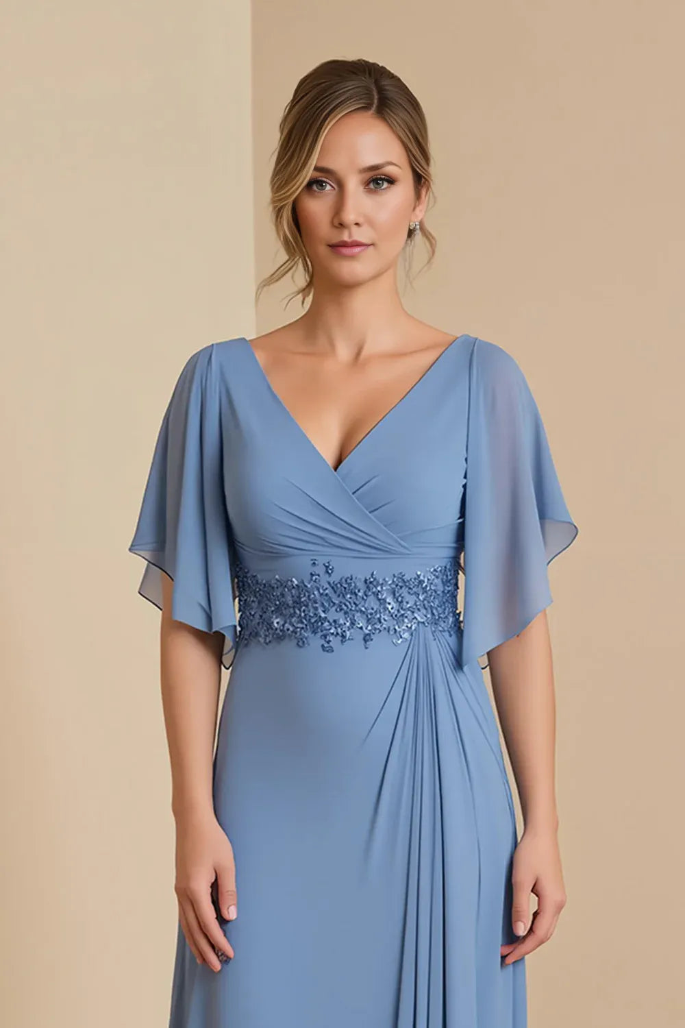 Sophisticated Elegant Light Blue Chiffon V-Neck Floor-Length Mother of the Bride Dress