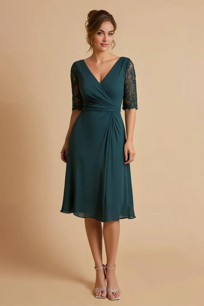 Special Occasion Sophisticated Elegant Red Lace Tea-Length Mother of the Bride Dress