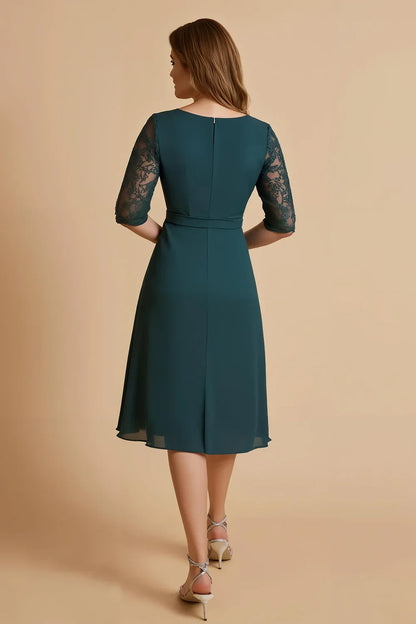Special Occasion Sophisticated Elegant Red Lace Tea-Length Mother of the Bride Dress