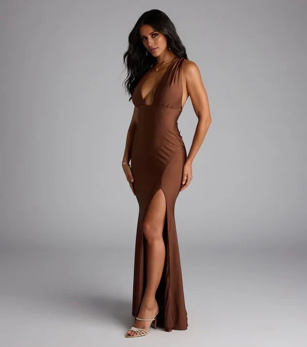 Chic Mermaid Halter Deep V Open Back Long Evening Dress