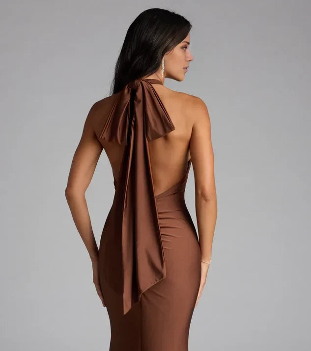 Chic Mermaid Halter Deep V Open Back Long Evening Dress