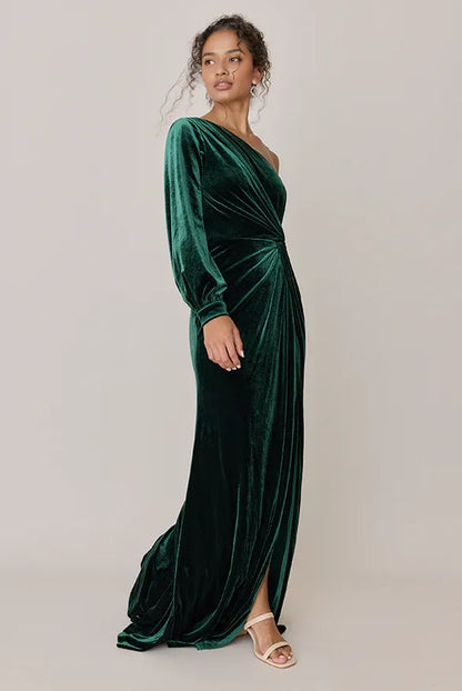 Refined Beautiful Timeless Elegant Emerald Green Velvet Asymmetric Sleeveless Floor-Length Prom Dress