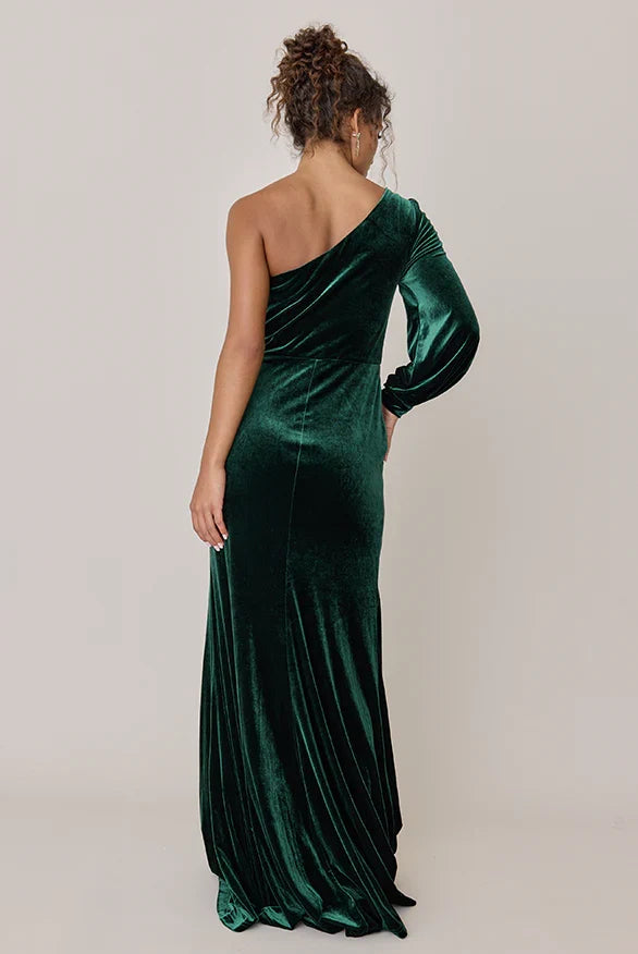 Refined Beautiful Timeless Elegant Emerald Green Velvet Asymmetric Sleeveless Floor-Length Prom Dress