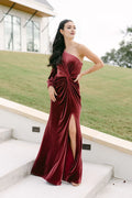 Beautiful Timeless Special Occasion Elegant Burgundy Velvet Asymmetric Sleeveless Floor-Length Prom Dress