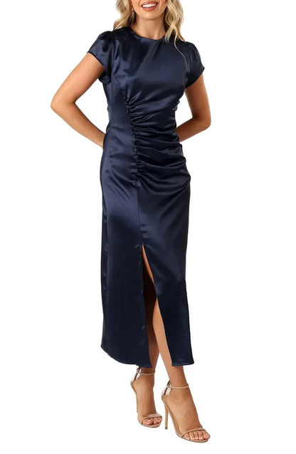 Stylish Elegant Navy Blue Satin High Neck Short Sleeve Short Prom Dress