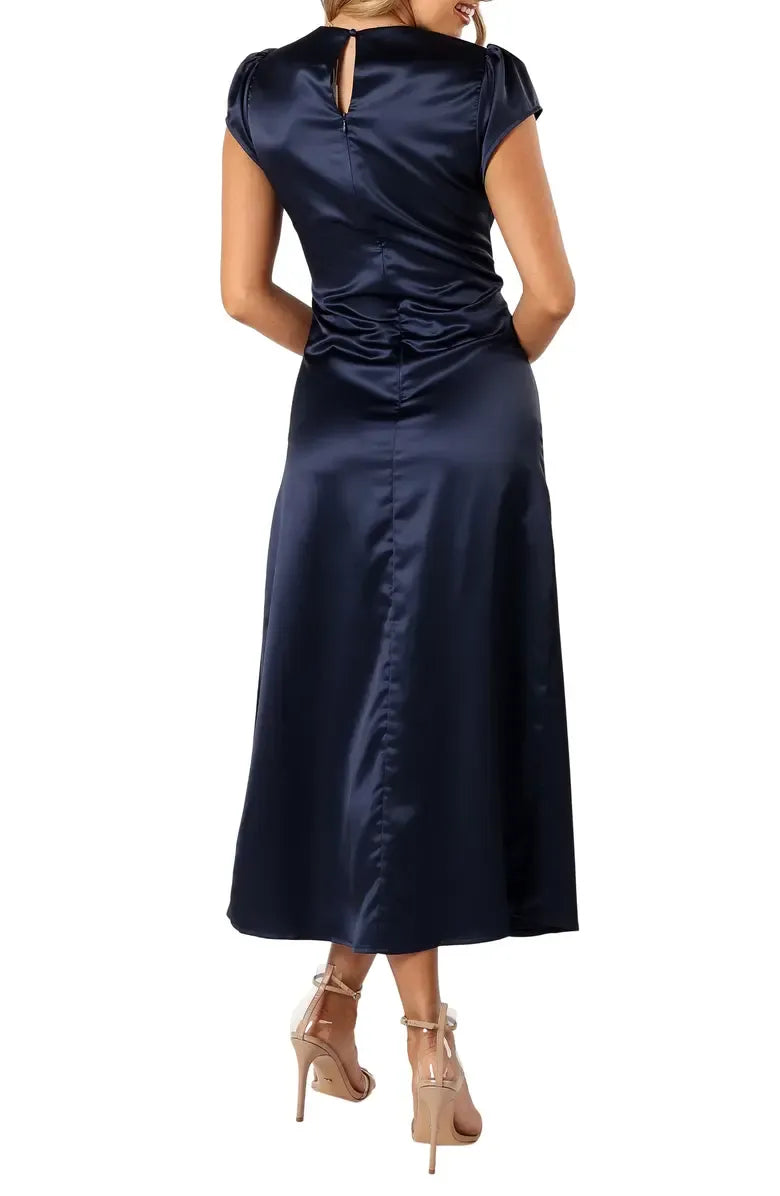 Stylish Elegant Navy Blue Satin High Neck Short Sleeve Short Prom Dress