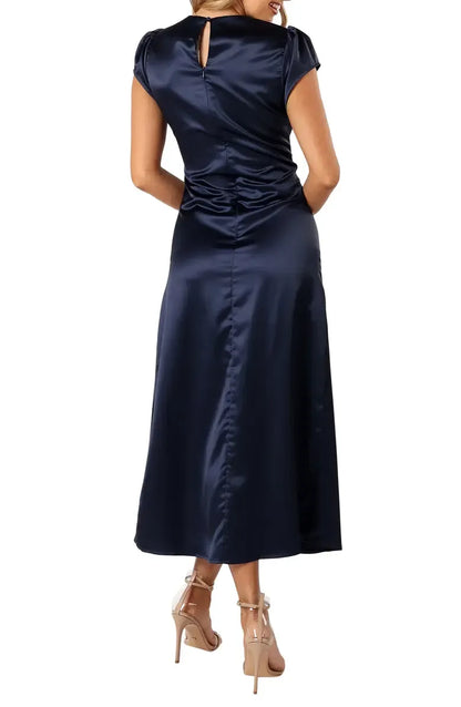 Stylish Elegant Navy Blue Satin High Neck Short Sleeve Short Prom Dress