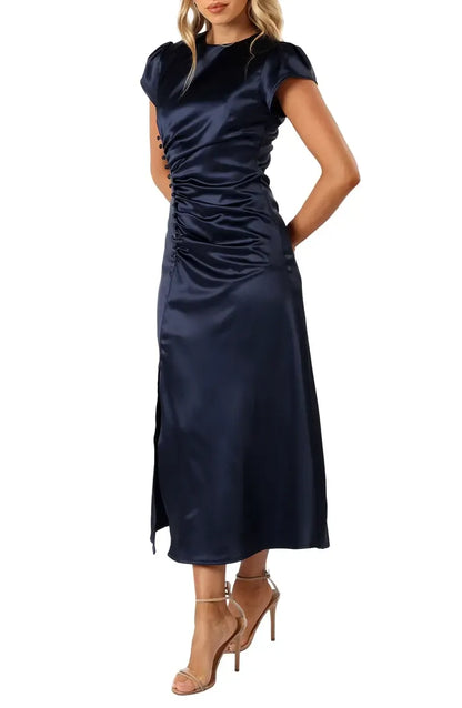 Stylish Elegant Navy Blue Satin High Neck Short Sleeve Short Prom Dress