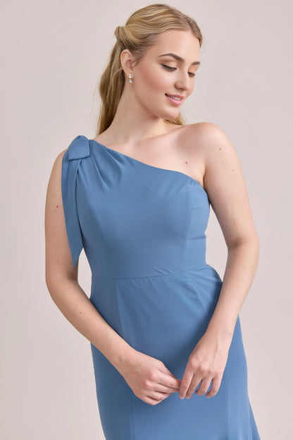 Sophisticated Graceful Stylish Refined Beautiful Elegant Dusty Blue Trumpet Sleeveless Bridesmaid Dress