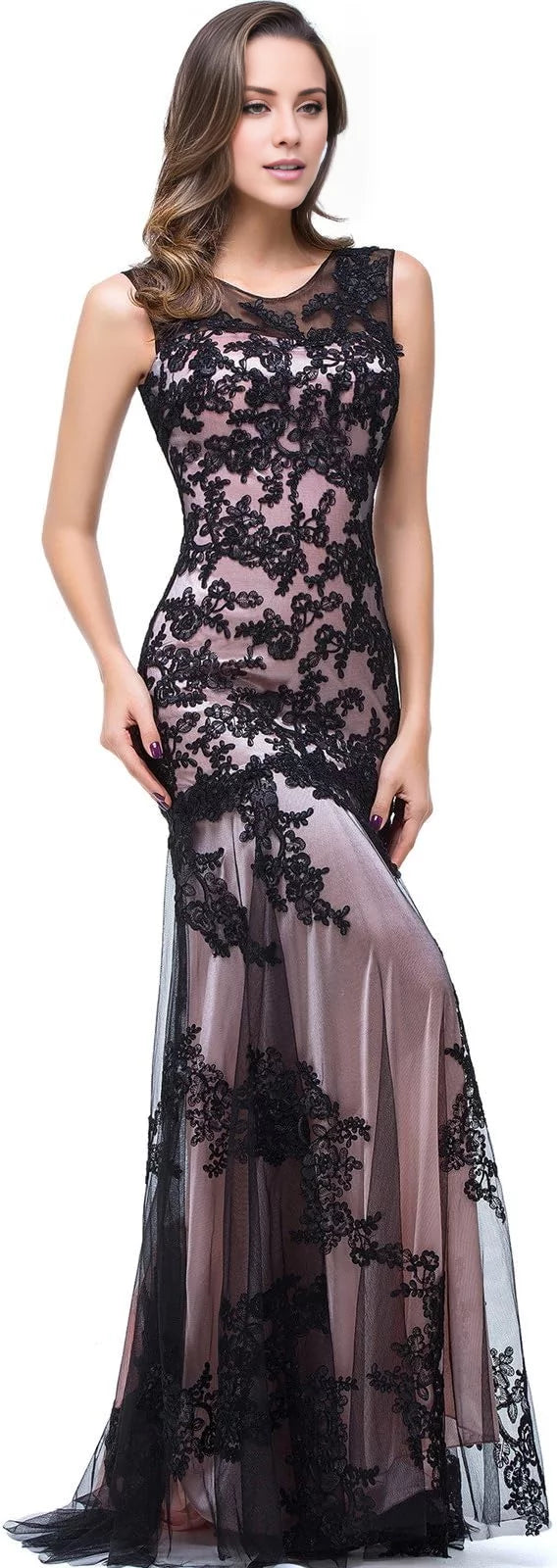 Mauve Mermaid Illusion Round Sleeveless Keyhole Back Floor Length Mother Of The Bride Dress