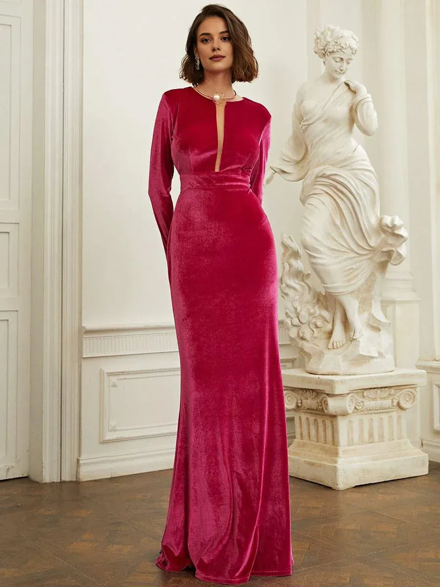 Refined Beautiful Timeless Elegant Burgundy Velvet Mermaid Long Sleeve Floor-Length Prom Dress