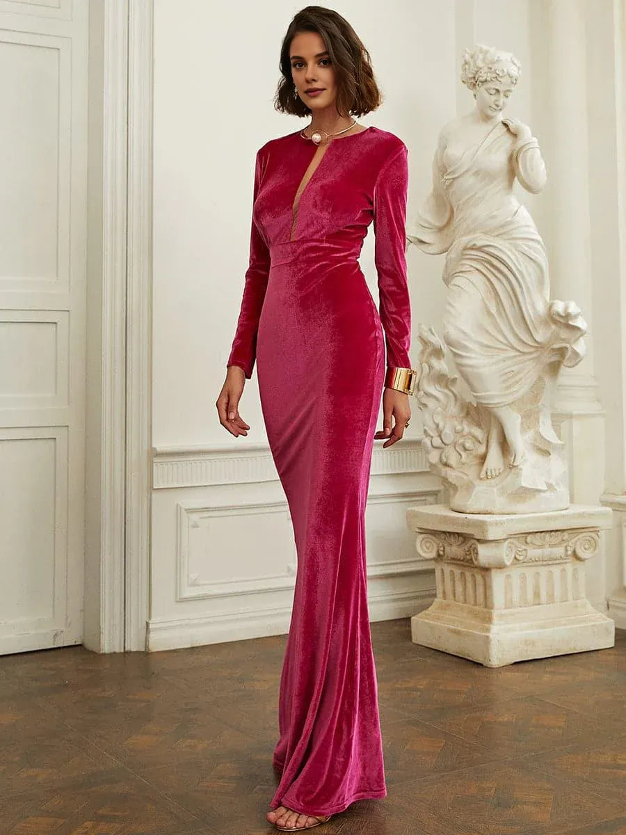 Refined Beautiful Timeless Elegant Burgundy Velvet Mermaid Long Sleeve Floor-Length Prom Dress