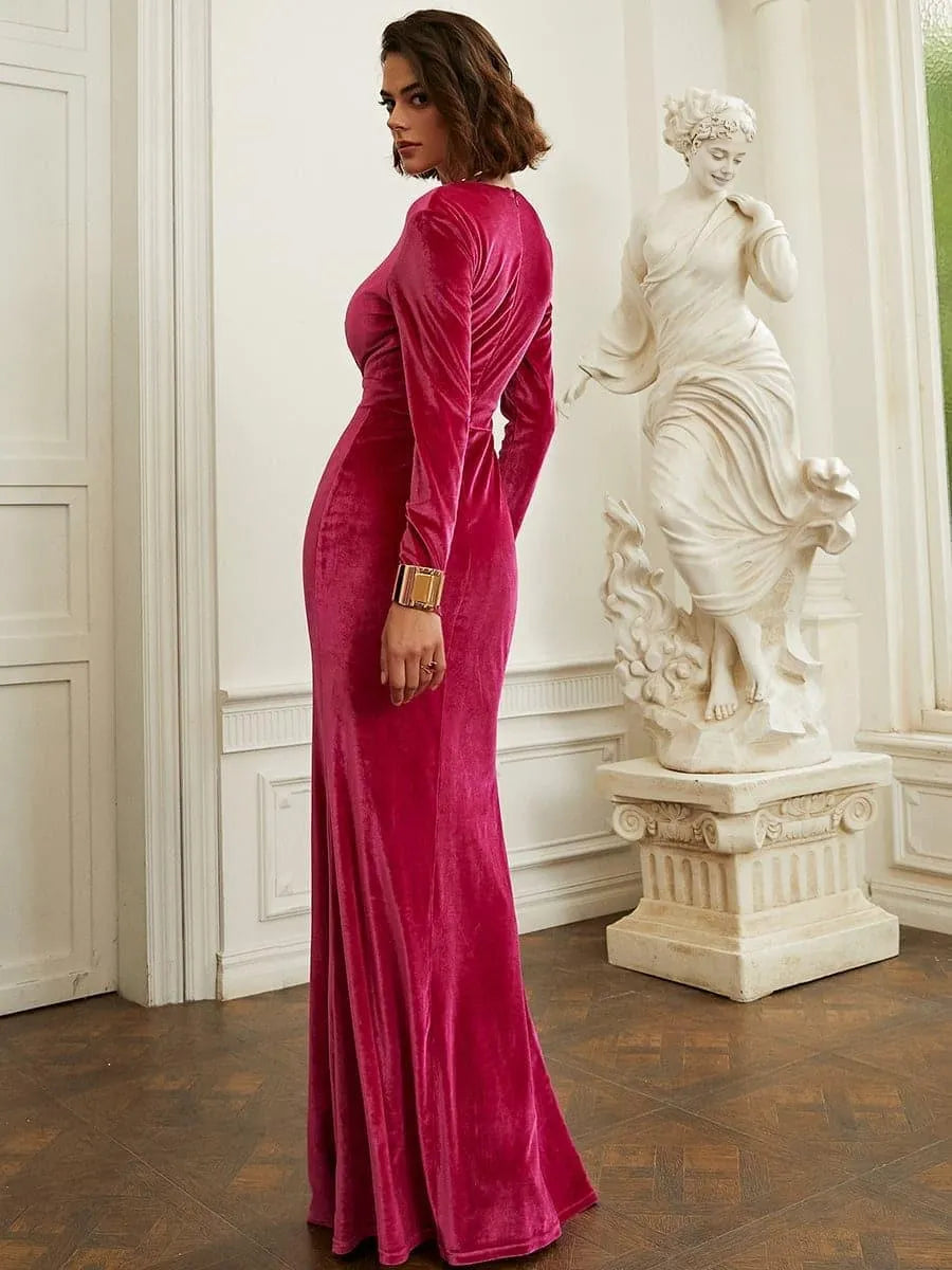 Refined Beautiful Timeless Elegant Burgundy Velvet Mermaid Long Sleeve Floor-Length Prom Dress