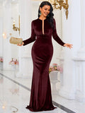 Refined Beautiful Timeless Elegant Burgundy Velvet Mermaid Long Sleeve Floor-Length Prom Dress