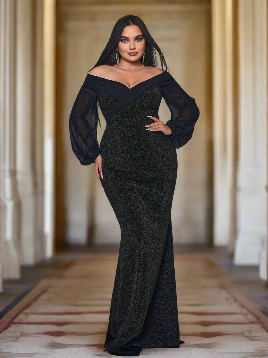 Timeless Special Occasion Elegant Black Glitter Mermaid Long Sleeve Floor-Length Prom Dress