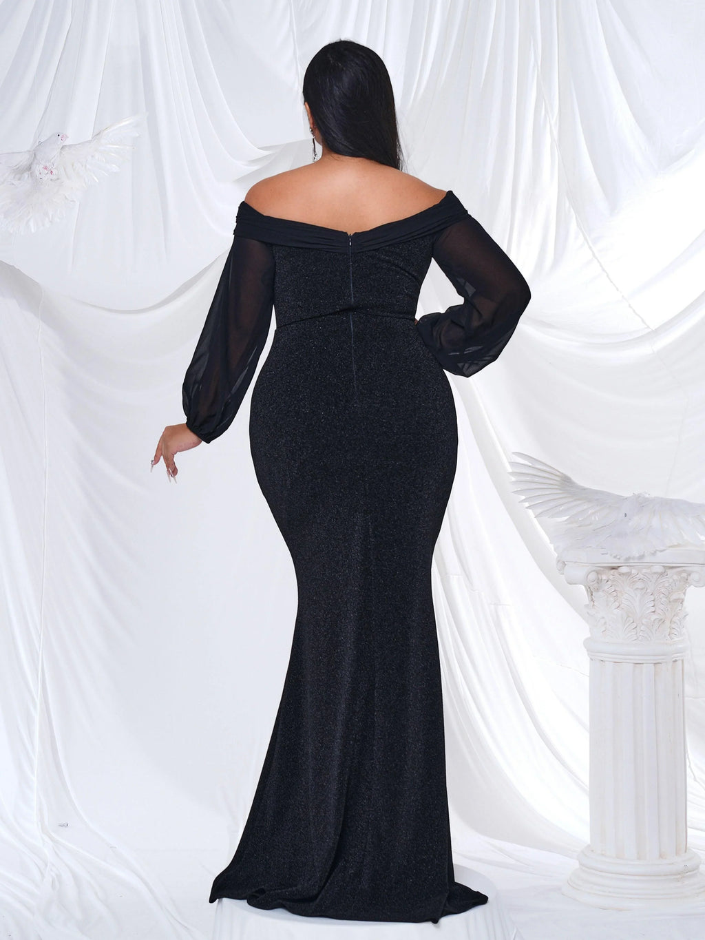 Timeless Special Occasion Elegant Black Glitter Mermaid Long Sleeve Floor-Length Prom Dress