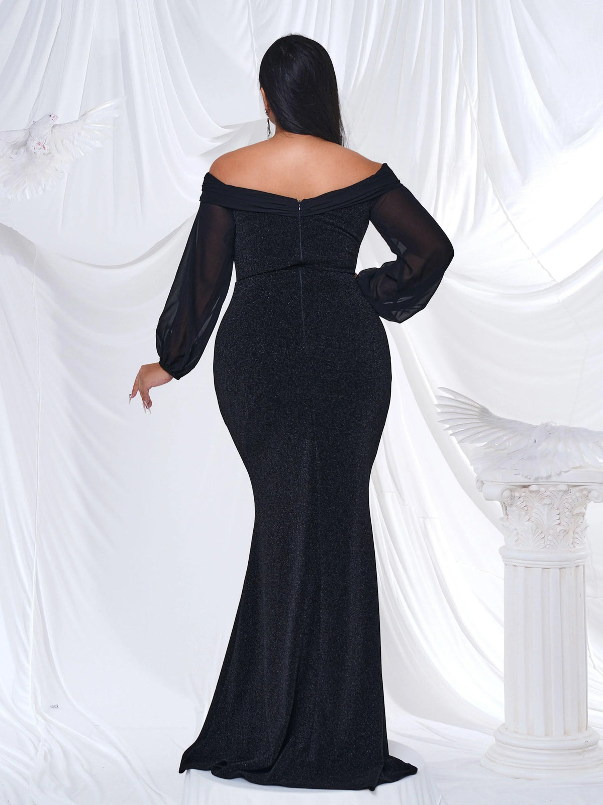 Timeless Special Occasion Elegant Black Glitter Mermaid Long Sleeve Floor-Length Prom Dress