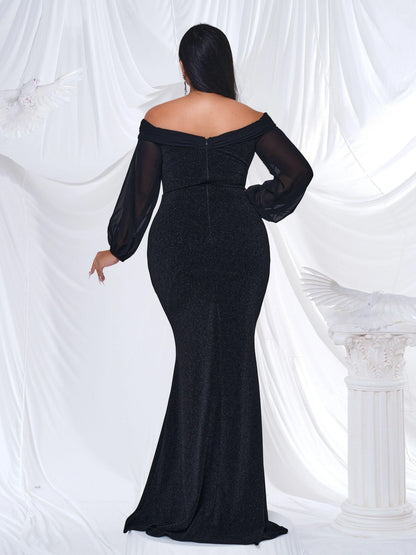 Timeless Special Occasion Elegant Black Glitter Mermaid Long Sleeve Floor-Length Prom Dress