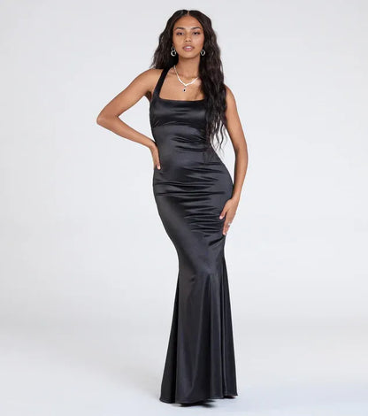 Timeless Chic Elegant Black Satin Mermaid Square Neck Sleeveless Floor-Length Prom Dress