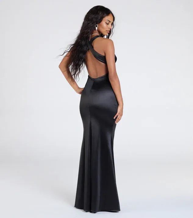 Timeless Chic Elegant Black Satin Mermaid Square Neck Sleeveless Floor-Length Prom Dress