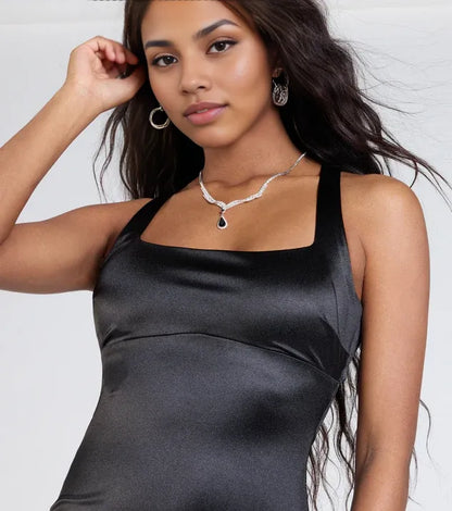 Timeless Chic Elegant Black Satin Mermaid Square Neck Sleeveless Floor-Length Prom Dress