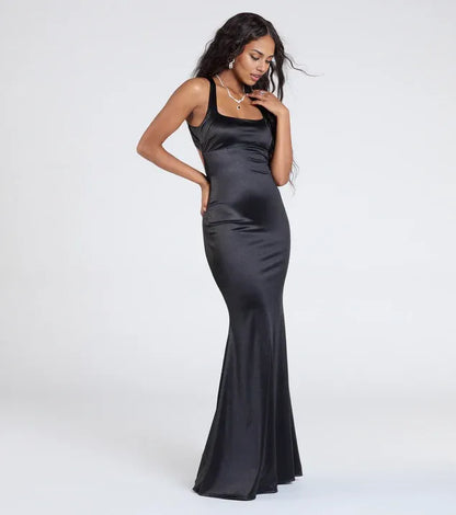 Timeless Chic Elegant Black Satin Mermaid Square Neck Sleeveless Floor-Length Prom Dress