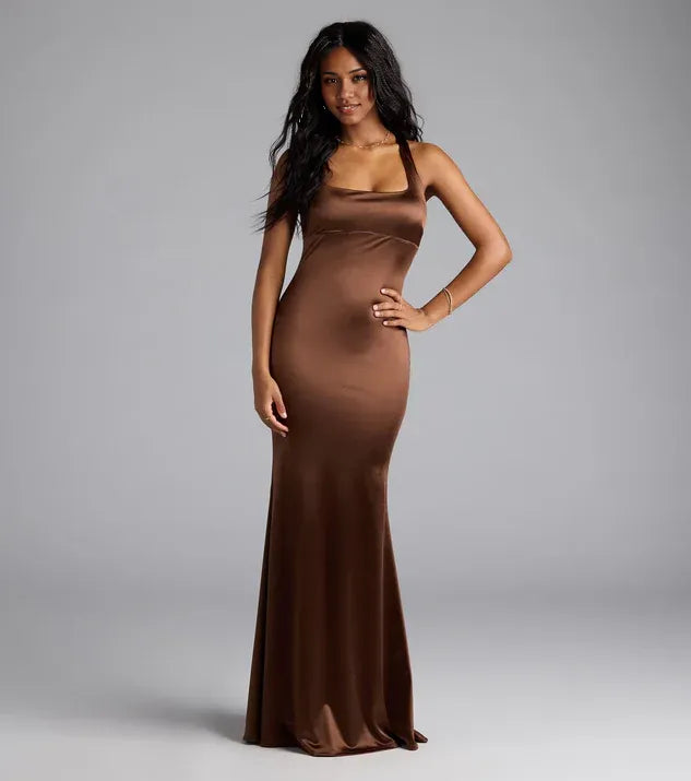 Timeless Chic Elegant Black Satin Mermaid Square Neck Sleeveless Floor-Length Prom Dress