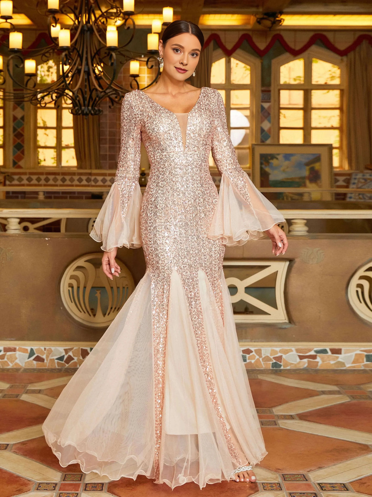 Graceful Elegant Rose Gold Sequin Mermaid V-Neck Long Sleeve Floor-Length Prom Dress