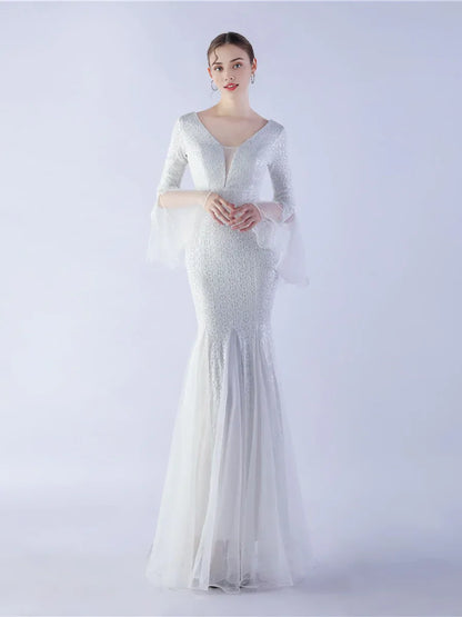 Graceful Elegant Rose Gold Sequin Mermaid V-Neck Long Sleeve Floor-Length Prom Dress