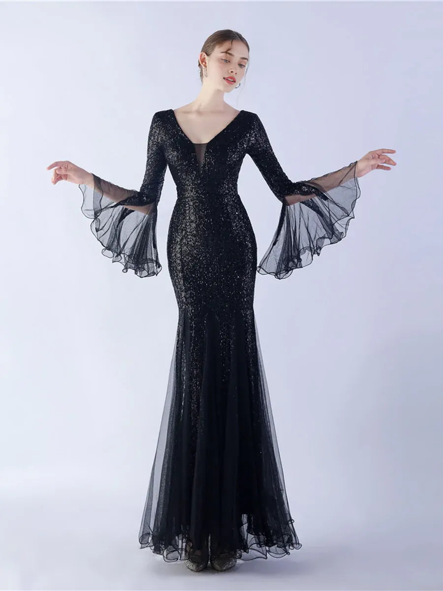 Graceful Elegant Rose Gold Sequin Mermaid V-Neck Long Sleeve Floor-Length Prom Dress