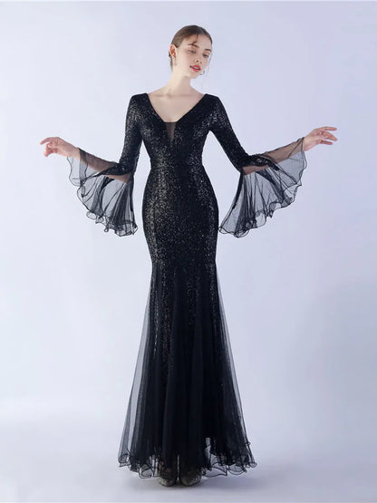 Graceful Elegant Rose Gold Sequin Mermaid V-Neck Long Sleeve Floor-Length Prom Dress