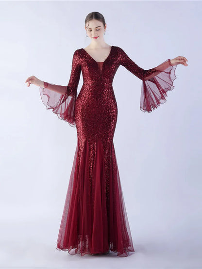 Graceful Elegant Rose Gold Sequin Mermaid V-Neck Long Sleeve Floor-Length Prom Dress