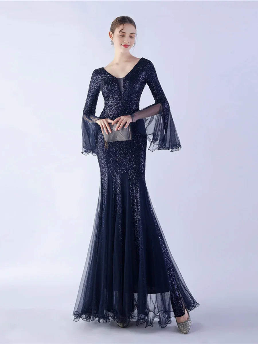 Graceful Elegant Rose Gold Sequin Mermaid V-Neck Long Sleeve Floor-Length Prom Dress