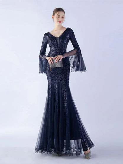 Graceful Elegant Rose Gold Sequin Mermaid V-Neck Long Sleeve Floor-Length Prom Dress