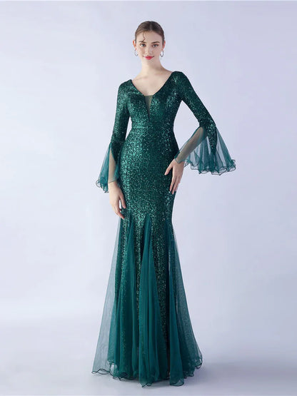 Graceful Elegant Rose Gold Sequin Mermaid V-Neck Long Sleeve Floor-Length Prom Dress