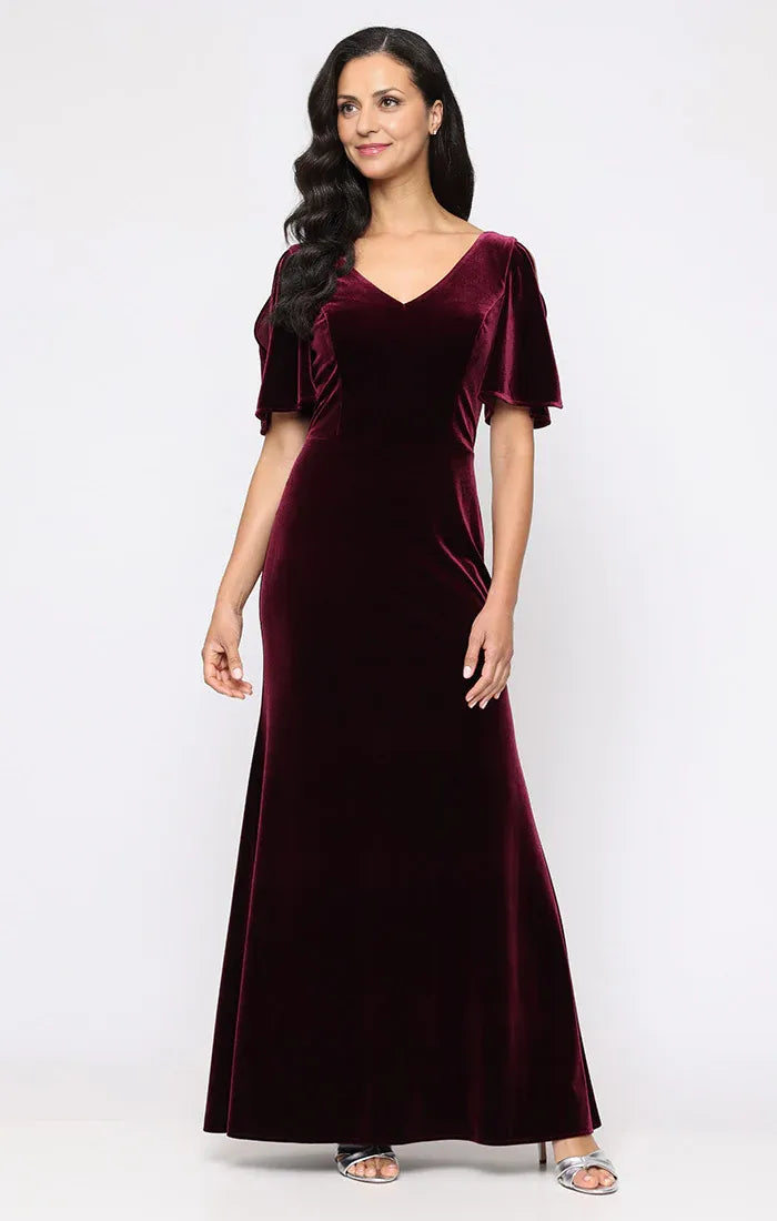 Elegant Burgundy Velvet Mermaid Short Sleeve Floor-Length Mother of the Bride Dress