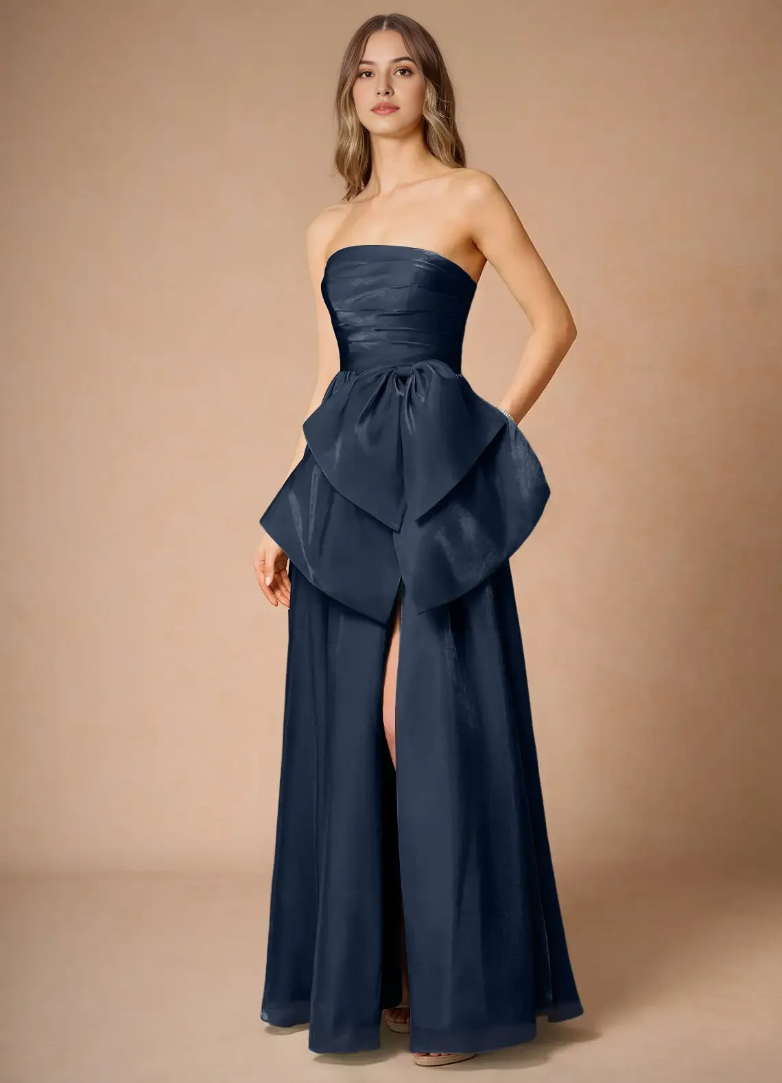 Navy Blue Fashion Strapless Prom Dress with Ruched Bodice Bow Accent Side Slit and for Formal Occasions