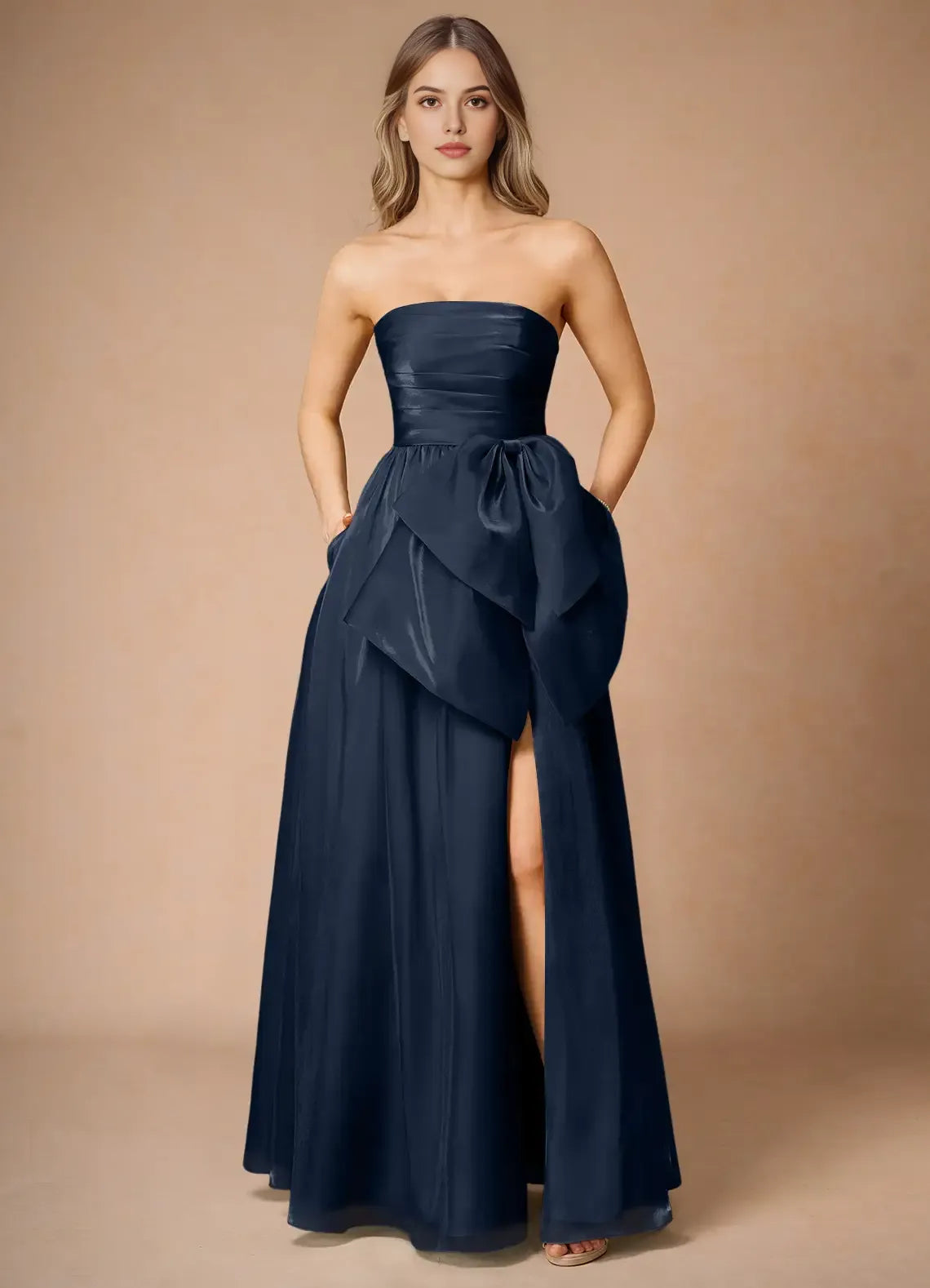 Navy Blue Fashion Strapless Prom Dress with Ruched Bodice Bow Accent Side Slit and for Formal Occasions