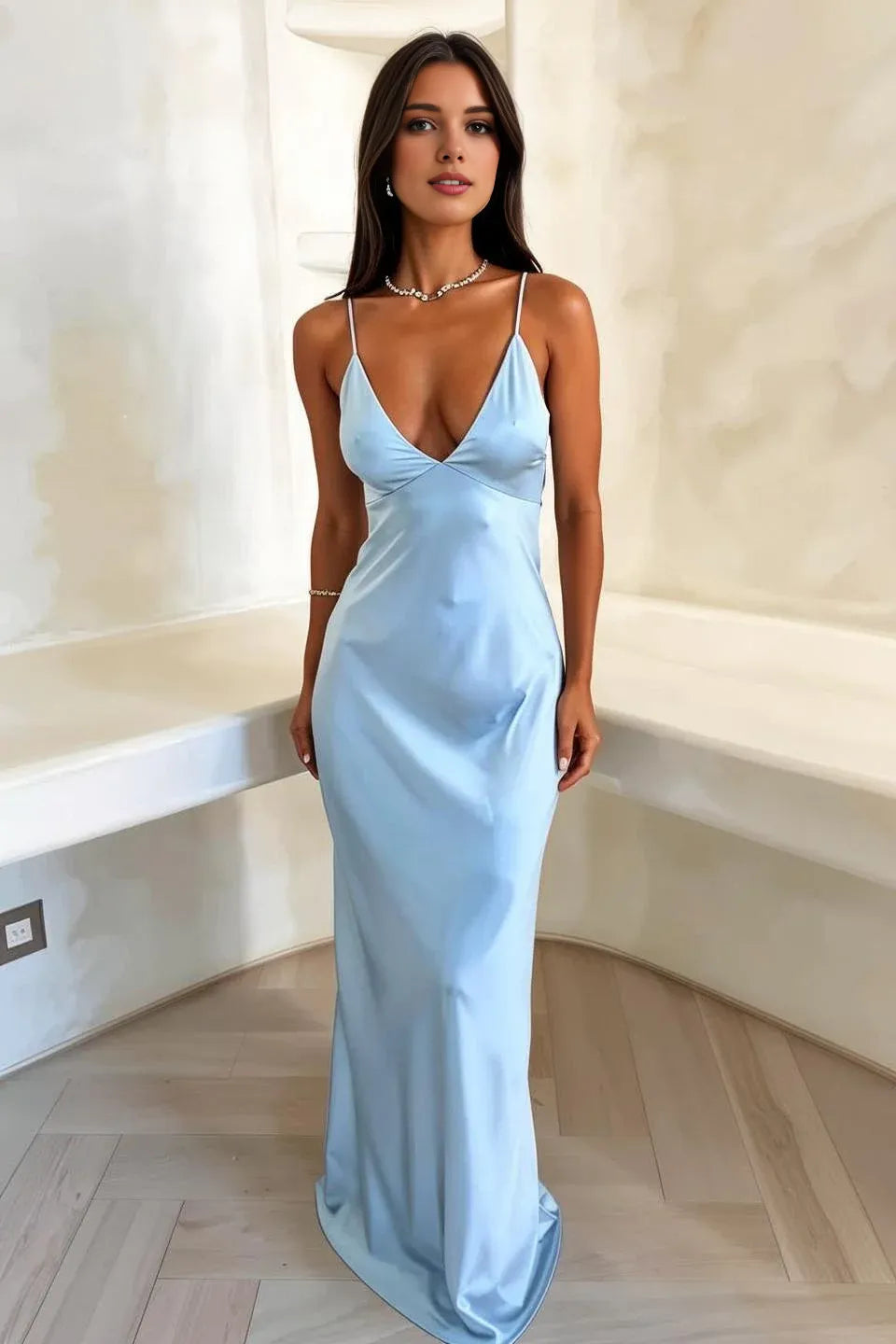 Sophisticated Graceful Stylish Refined Elegant Satin Sheath V-Neck Sleeveless Floor-Length Prom Dress