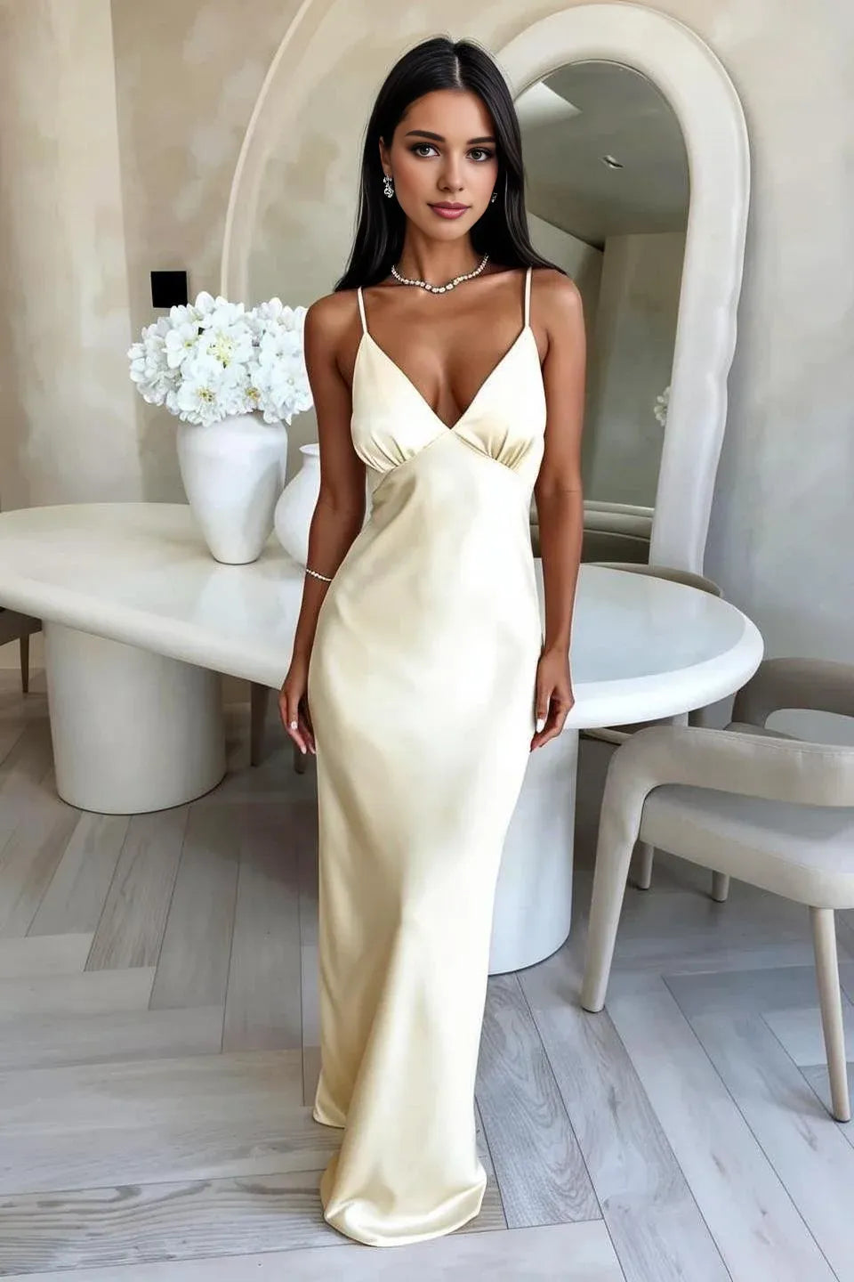 Sophisticated Graceful Stylish Refined Elegant Satin Sheath V-Neck Sleeveless Floor-Length Prom Dress